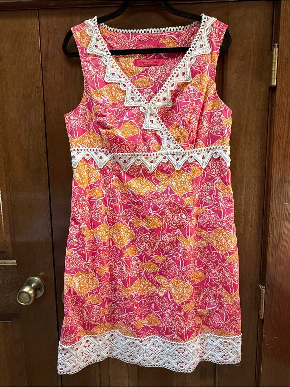 Lilly Pulitzer Jubilee Pink & Orange Fish Print Lace Trim Shift Dress